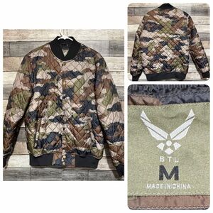 BTL Camo Quilted Bomber Jacket Men’s M Green Tan Full Zip Snap Button